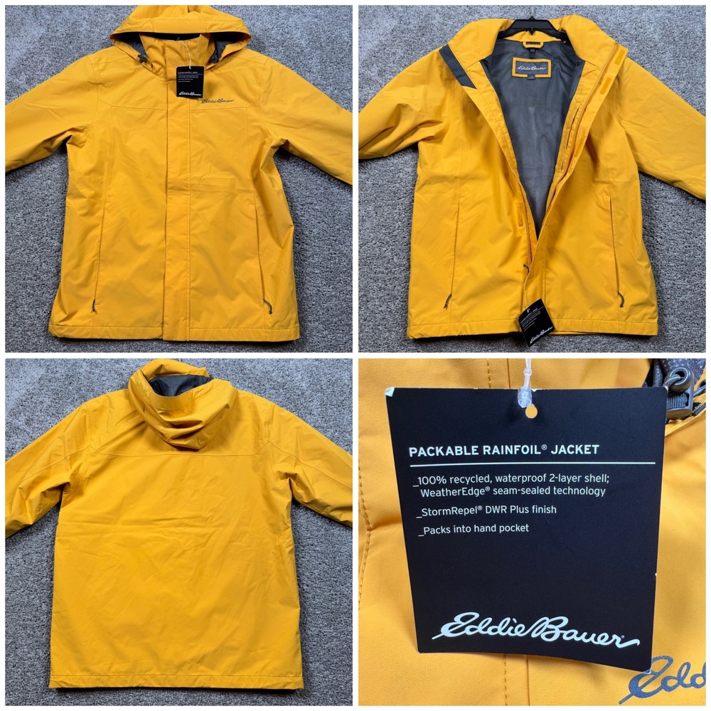 Eddie Bauer Packable Rainfoil Jacket Mens Waterproof Marigold Medium NEW